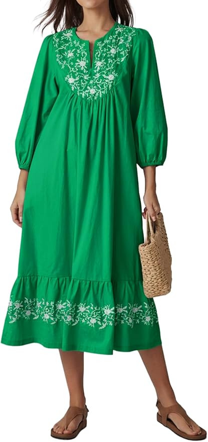 Women Spring Midi Dress 2026 Summer Dresses for Women Embroidered V-Neck 3/4 Sleeve A-Line Flowy ... | Amazon (US)