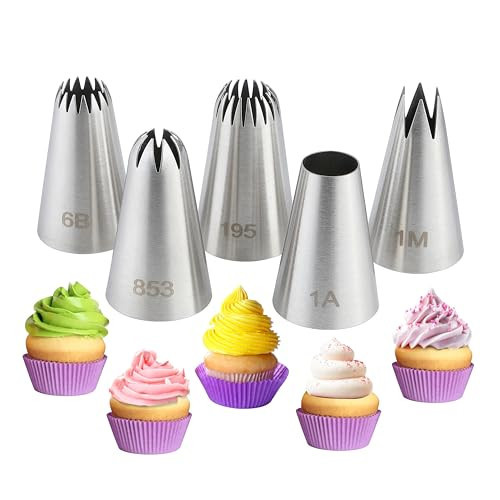5PCS Large Piping Tips Set, COKUMA Stainless Steel Cake Decorating Tips, Frosting Icing Tips for Cupcakes, Cake, Cookie and Decorating (Dishwasher Safe) | Amazon (US)