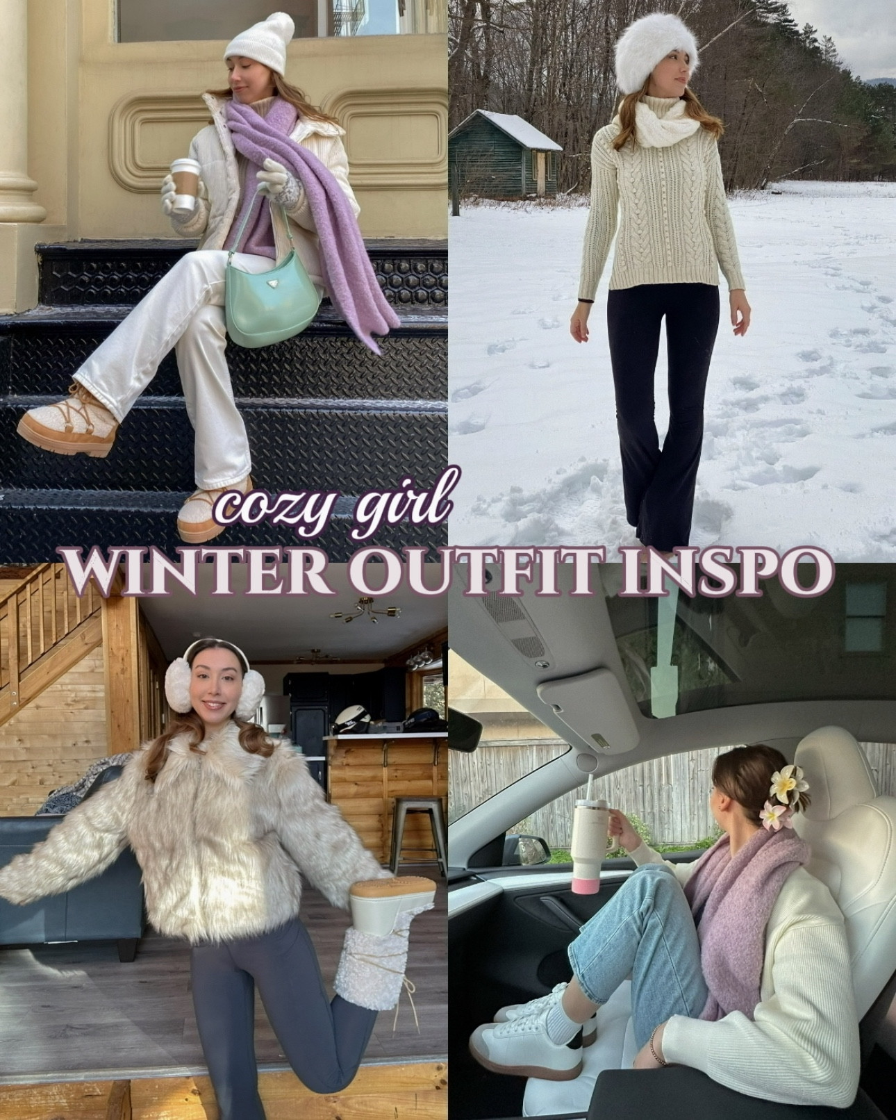 Hi friends! I hope all of y’all are staying warm and cozy this winter ❄️🤍🌨️ Swipe through to see some of my favorite seasonal outfits, as well as what essential pieces you need to create similar winter looks!
 🍨 Vanilla Girl Vibes: This outfit was soo good for walking around NYC when it was extremely cold and windy! I wore leggings under the jeans for an extra boost of warmth 🫶  Beanie hat with puff: Anthropologie Scarf: Glassons Ribbed textured coat: JustFab Bag: Prada Cleo White flared jeans: Glassons Sherpa moon boots: JustFab
 🤍 Black and White: The easiest color combo features winter white with a pop of darker deets. I wore a thermal long sleeve under this sweater as well lol.. thermals are your best friends in this weather!  Hat: Amazon Knit turtleneck: TJMaxx Flared yoga pants: Walmart believe it or not! Infinity scarf: Target Snow boots: UGG
 🍦 FauxFur Coat: I’m soo in love with this coat from Steve Madden! I got it on Amazon because it was sold out everywhere else (Revolve, Macy’s), so when it’s in stock in your size be sure to grab it 😍 Earmuffs: Amazon Fleece-lined grey leggings: Amazon Boots: JustFab/Shoedazzle
 💜 Pop of Lilac: The Glassons scarf strikes again! I actually got it when it was on sale for $9. Def check out their website because they do a lot of sales, which works out well since Australia (where the boutique is based) has opposite seasons to the US! Which means relevant seasonal staples for wayy better prices 🤭 Flower claw clips: Amazon Jeans: Old Navy Sweater: Aritzia Tank top: Qinsen via Amazon Shoes: JustFab Pink shoulder bag: Prada via The RealReal
 Lmk which one(s) are your fav and let’s be friends 🥰


  #winteroutfit   #winteroutfitinspo #cozywinteroutfit winter outfit ideas, cozy aesthetic vanilla girl vibes winter inspo ootd cold weather outfit apres ski trip vacation look cozy girl that girl clean girl pinterest aesthetic 

#LTKFindsUnder50 #LTKStyleTip #LTKSeasonal
