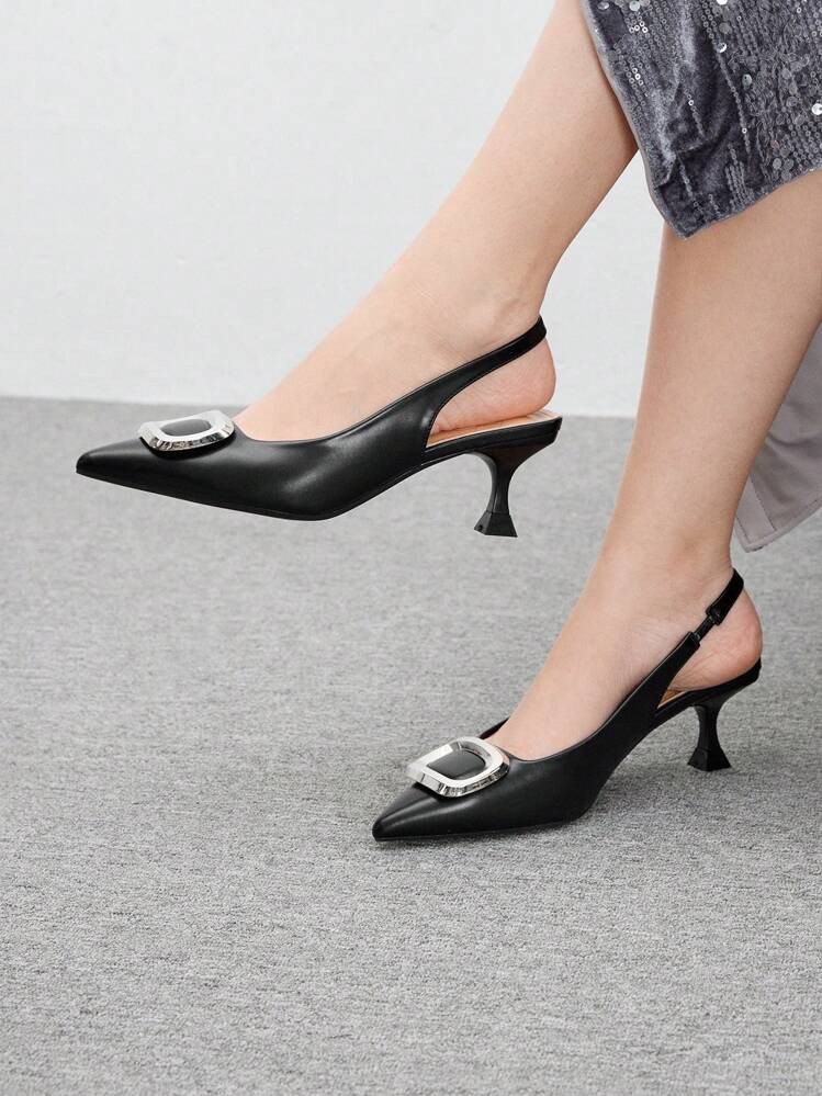 CUCCOO BIZCHIC Party Banquet Sexy Black Pointed Silver Buckle Single Strap Stiletto Heels Valentine's Day | SHEIN