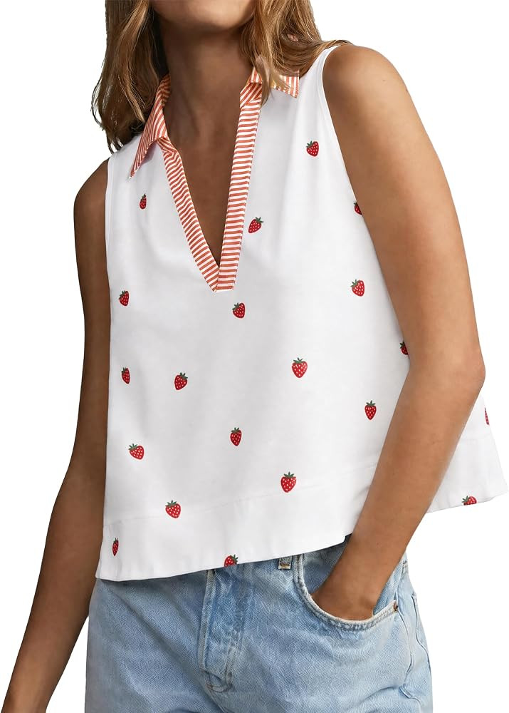 Tankaneo Womens Striped V Neck Tank Tops Summer Casual Collared Sleeveless Shirts Fruit Print Loo... | Amazon (US)