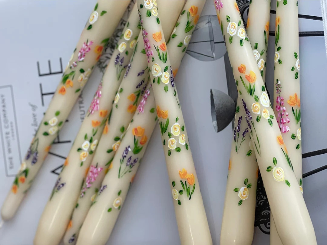 Ivory Hand Painted Pair of Cottage Garden Flower Candles - Etsy UK | Etsy (UK)
