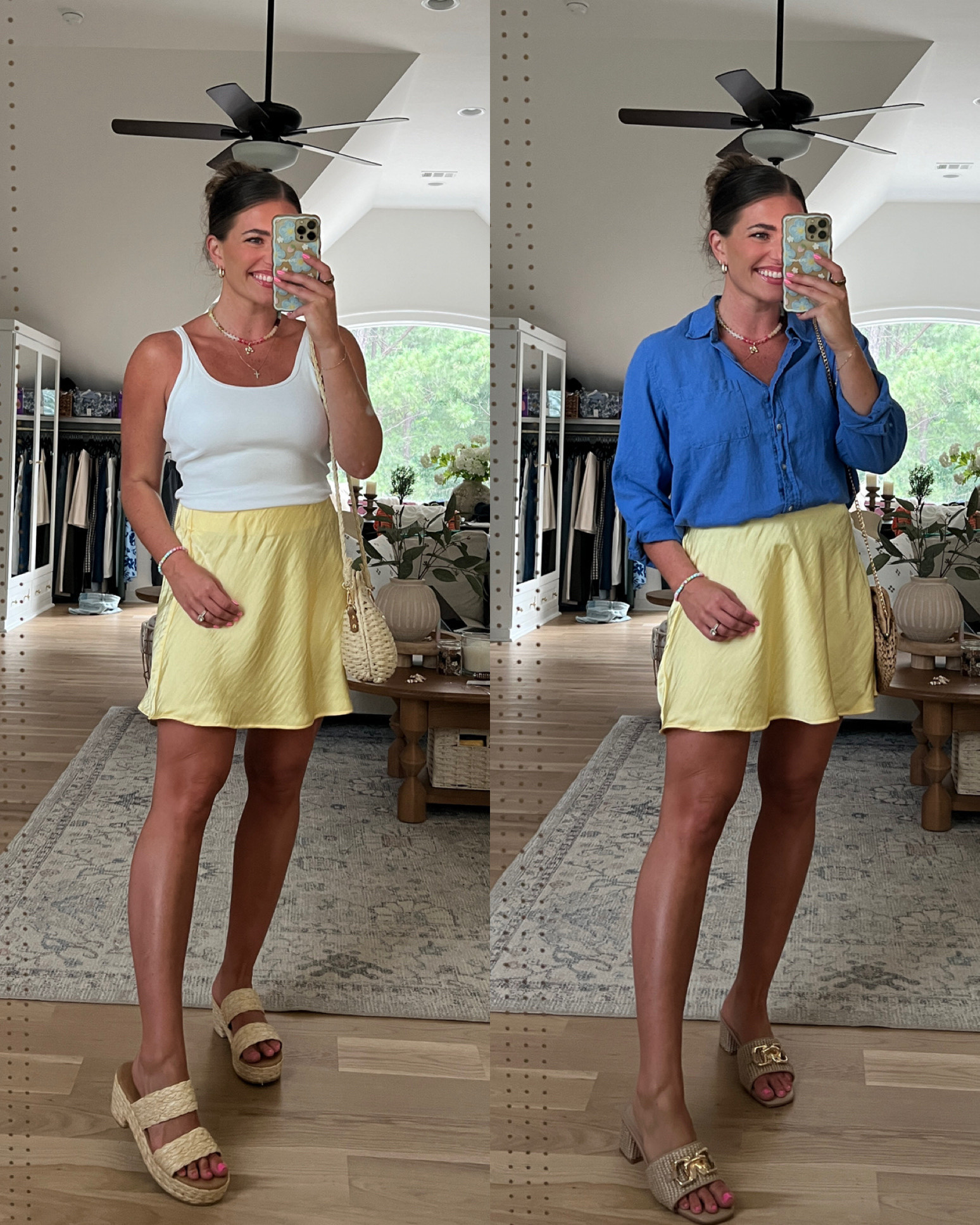 Stretchy yellow satin skirt & blue linen button down shirt TTS - M. Tank TTS - M. Heels TTS 

Target haul!!!! Actually obsessed w everything. So. Freaking good! The cutest outfits for summer - dresses that are perfect for vacation, the cutest free people wide look jeans, comfy stretchy shorts, adorable lounge sets that are giving daily drills, & more. 😍 
Sizing:
My waist 29” hips 40” & bust 36.5” 
all dresses, skirts, tops, shorts, & pants TTS - M. Green & camo pants TTS - 8  Sized up 1 to the L in the lounge sweatshirts. Skims look sleep shorts & bralette - wearing my true size M here but I prefer the size L for a roomier fit + more comfort  


#LTKFindsUnder50 #LTKWorkwear #LTKSeasonal