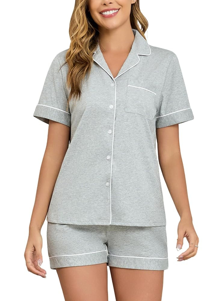 Veseacky 100% Cotton Pajamas for Women Set Short Sleeve Button Down Sleepwear Soft 2 Piece Summer... | Amazon (US)