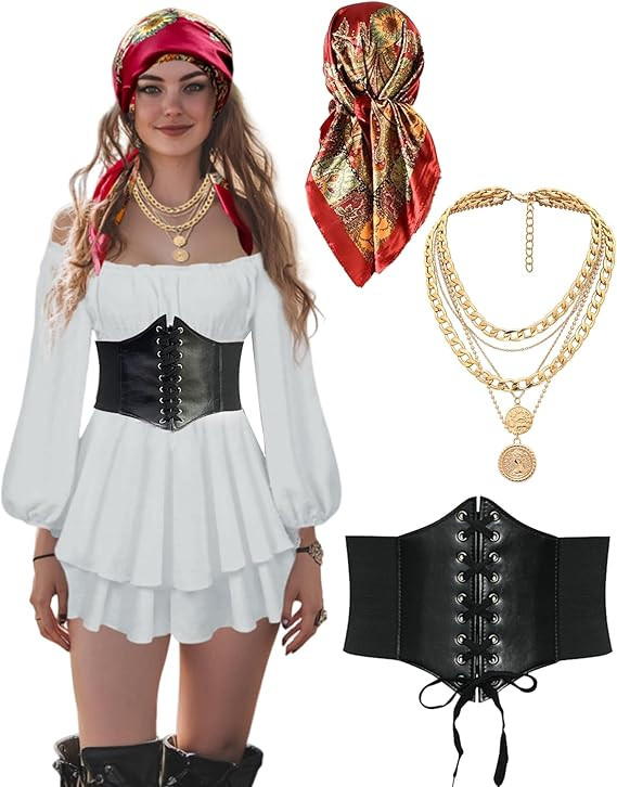 Women Pirate Costume Dress with Corset Accessories Long Sleeve Romper Short Off Shoulder Dress | Amazon (US)