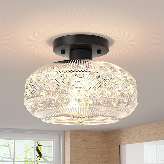 Semi Flush Mount Ceiling Light,Black Hallway Light Fixture,Globe Glass Close to Ceiling Light,Vin... | Amazon (CA)