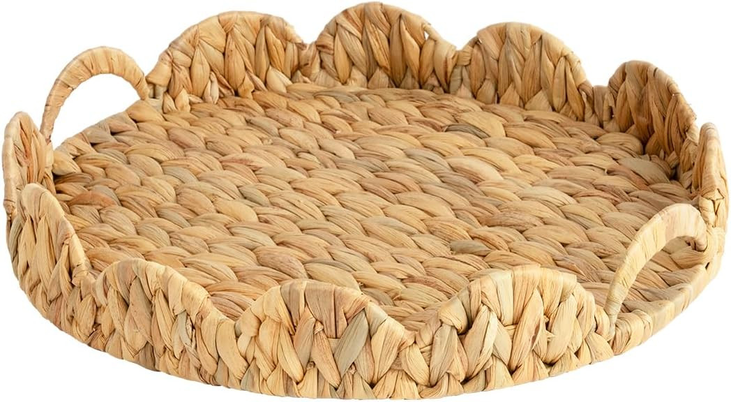 StorageWorks Scalloped Tray, Round Basket Tray Wicker Rattan Serving Tray with Handles, Scallop B... | Amazon (US)