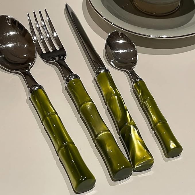 Bamboo Flatware Silverware Set, 4 Piece 18/10 Stainless Steel Acrylic Handle Olive Green Cutlery ... | Amazon (US)