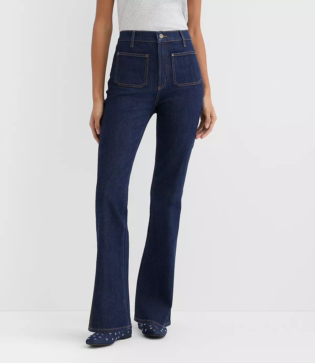 Rivete Tall Patch Pocket High Rise Slim Flare Jeans in Classic Rinse Wash | LOFT