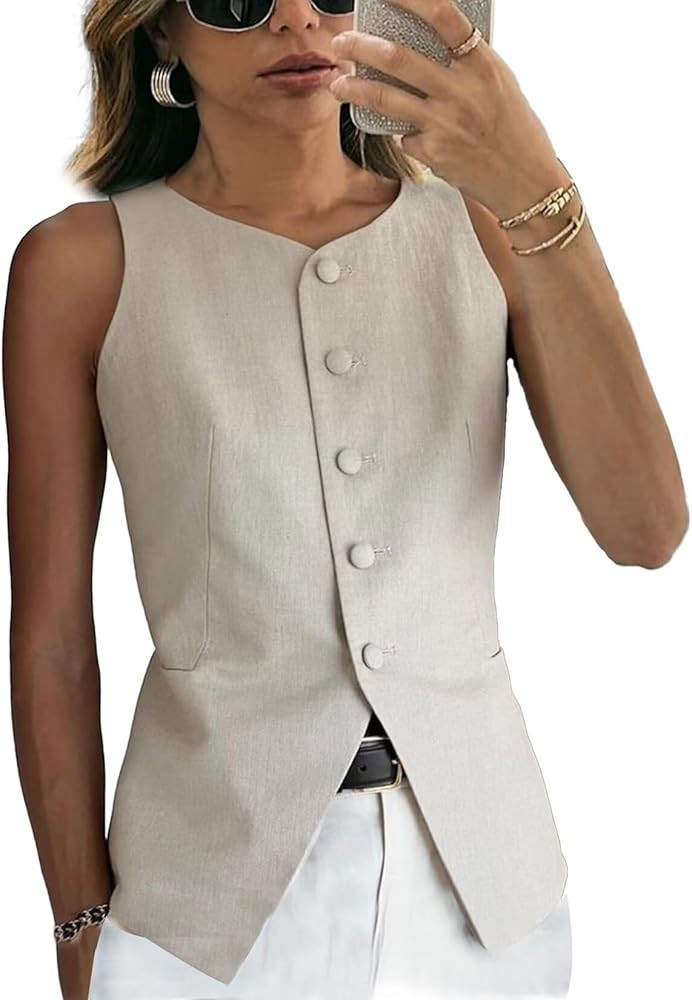 Women's Linen Waistcoat Slim Fit 5 Button V-Neck Dressy Suit Vest | Amazon (US)