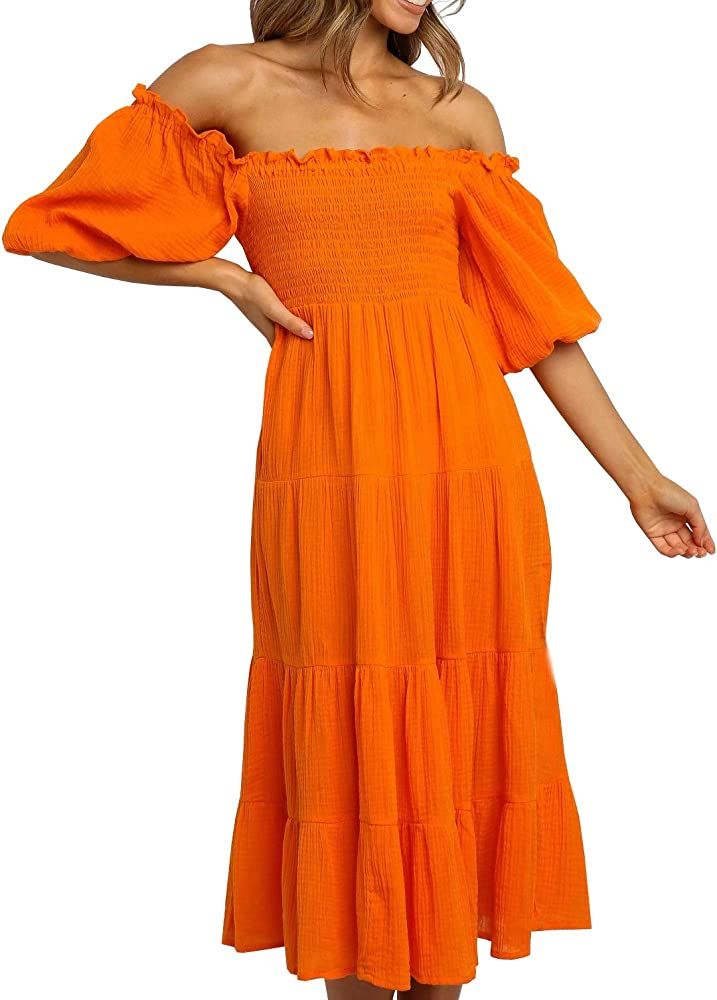Women's Summer Linen Lantern Sleeves Ruffled Off Shoulder A-Line Midi Dresses | Amazon (US)