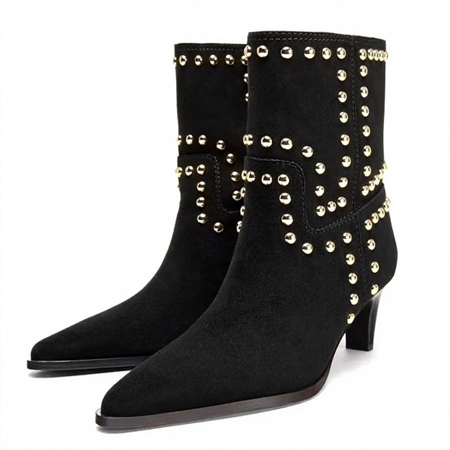 Womens Suede Studded Kitten Heel Ankle Boots Fashion Pointed Toe Pull On Low Heel Mid-Calf Bootie... | Amazon (US)