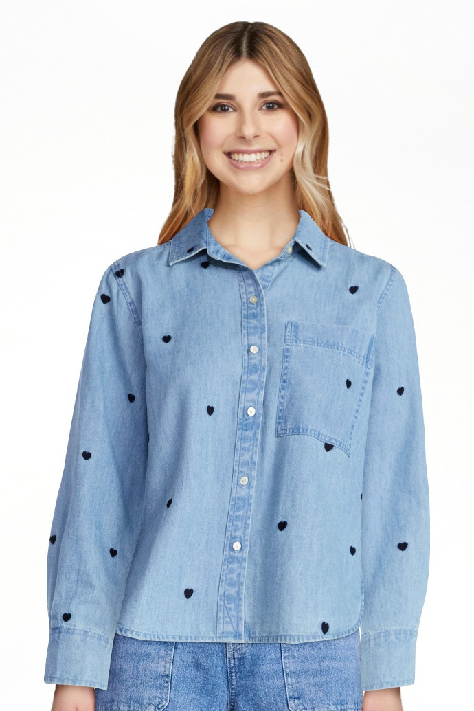 Free Assembly Women's and Women’s Plus Embroidered Hearts Denim Shirt with Long Sleeves, Sizes ... | Walmart (US)