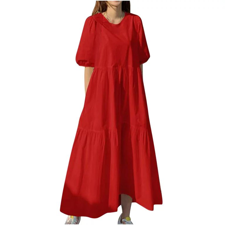 Sun Dresses Women Summer Casual Half Sleeve Tiered Flowy Maxi Dress Solid Crewneck Loose Beach Ho... | Walmart (US)