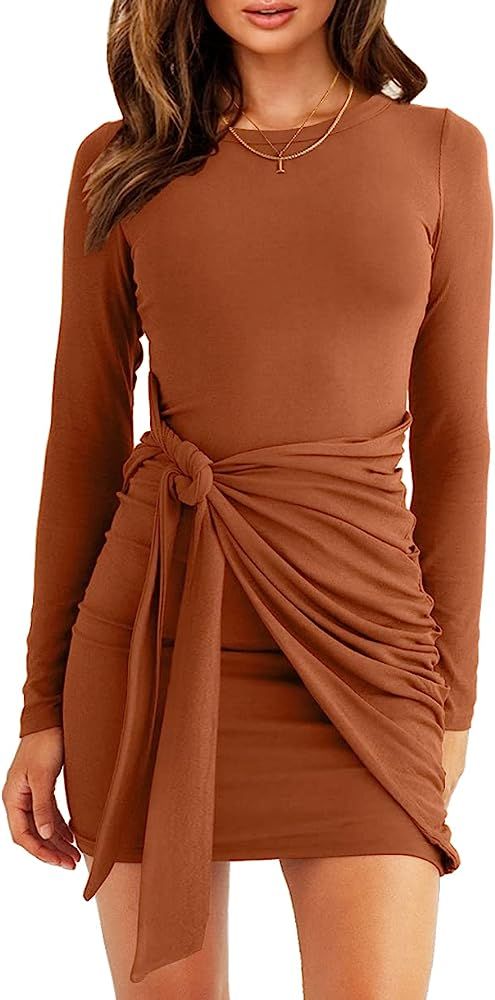 LETSRUNWILD Women's Fall T-Shirt Dress Crew Neck Ruched Tie Waist Long Sleeve Solid Casual Bodyco... | Amazon (US)