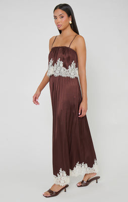 Emmylou Maxi Dress, in Chocolate Satin with Lace Trim, Size: 2XL | Show Me Your Mumu | Show Me Your Mumu