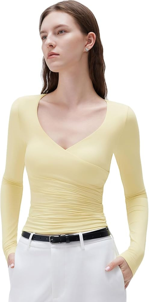 SUUKSESS Women Sexy V Neck Long Sleeve Shirts Double Lined Wrap Going Out Tops | Amazon (US)