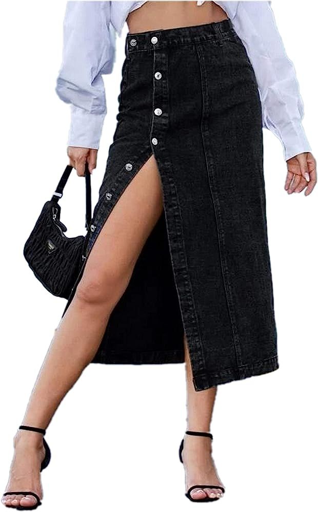 ELSTAROA Women's Casual High Waisted Solid Button Up Denim Jean Skirt | Amazon (CA)