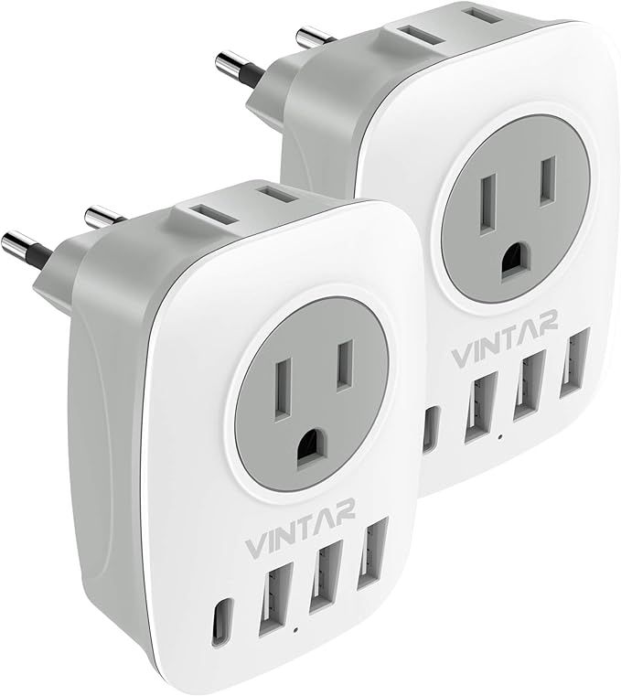 [2-Pack] European Travel Plug Adapter, VINTAR International Power Adaptor with 1 USB C, 2 America... | Amazon (US)