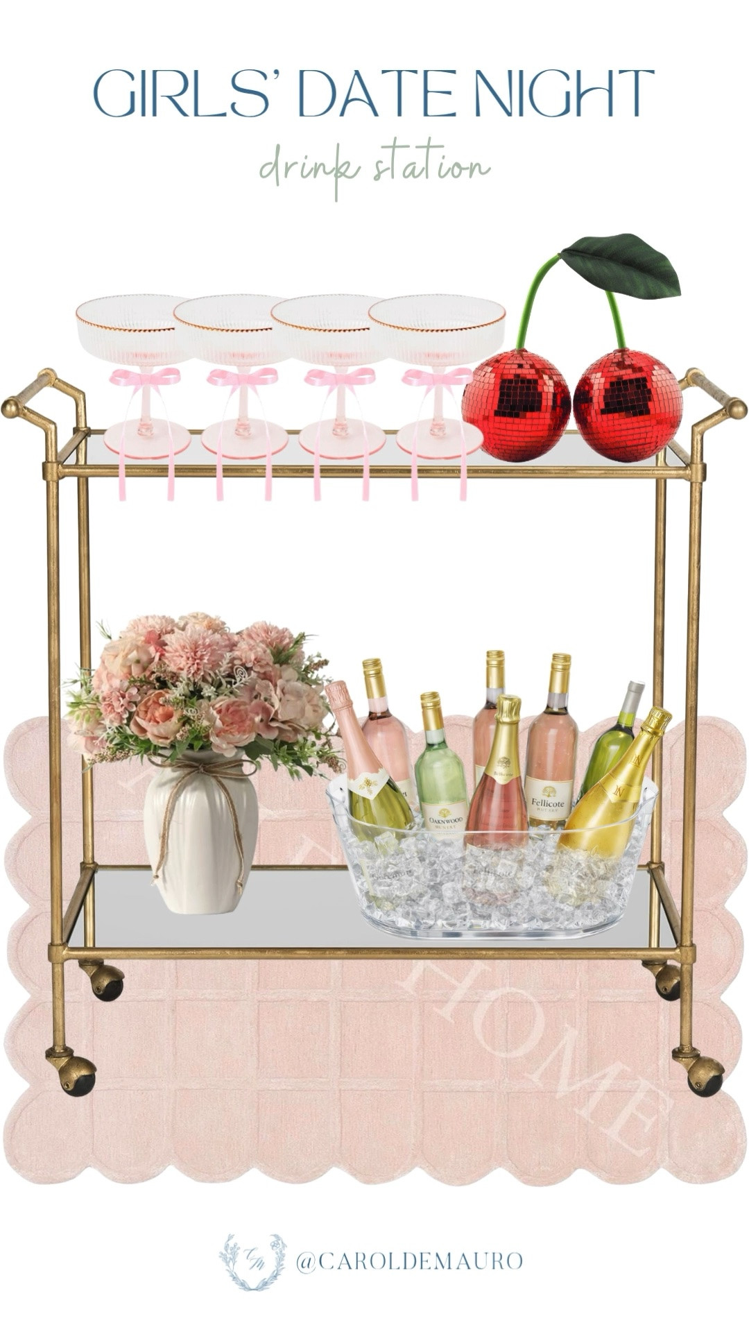 Your girls' date night's not complete without a cute drinking station! Grab everything from this bar cart – cute wine glasses, clear ice bucket, a ceramic vase with faux flowers, a cherry disco ball, and your favorite drinks to assemble your own.

cocktail hour, party decor, bar cart styling, beverage station, mimosas, kitchen finds, happy hour, hosting tips

#LTKSeasonal #LTKU #LTKHome