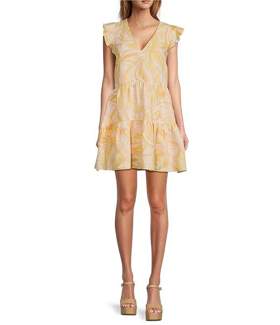 Opal Paisley Linen V-Neckline Cap Sleeve Tiered A-Line Dress | Dillard's