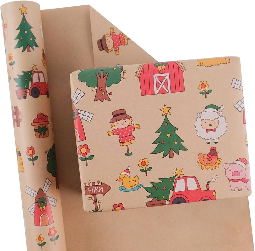 Aimyoo Barn Farm Animals Kraft Christmas Wrapping Paper Roll, Xmas Gift Wrap Paper 17 inch x 32 f... | Amazon (US)