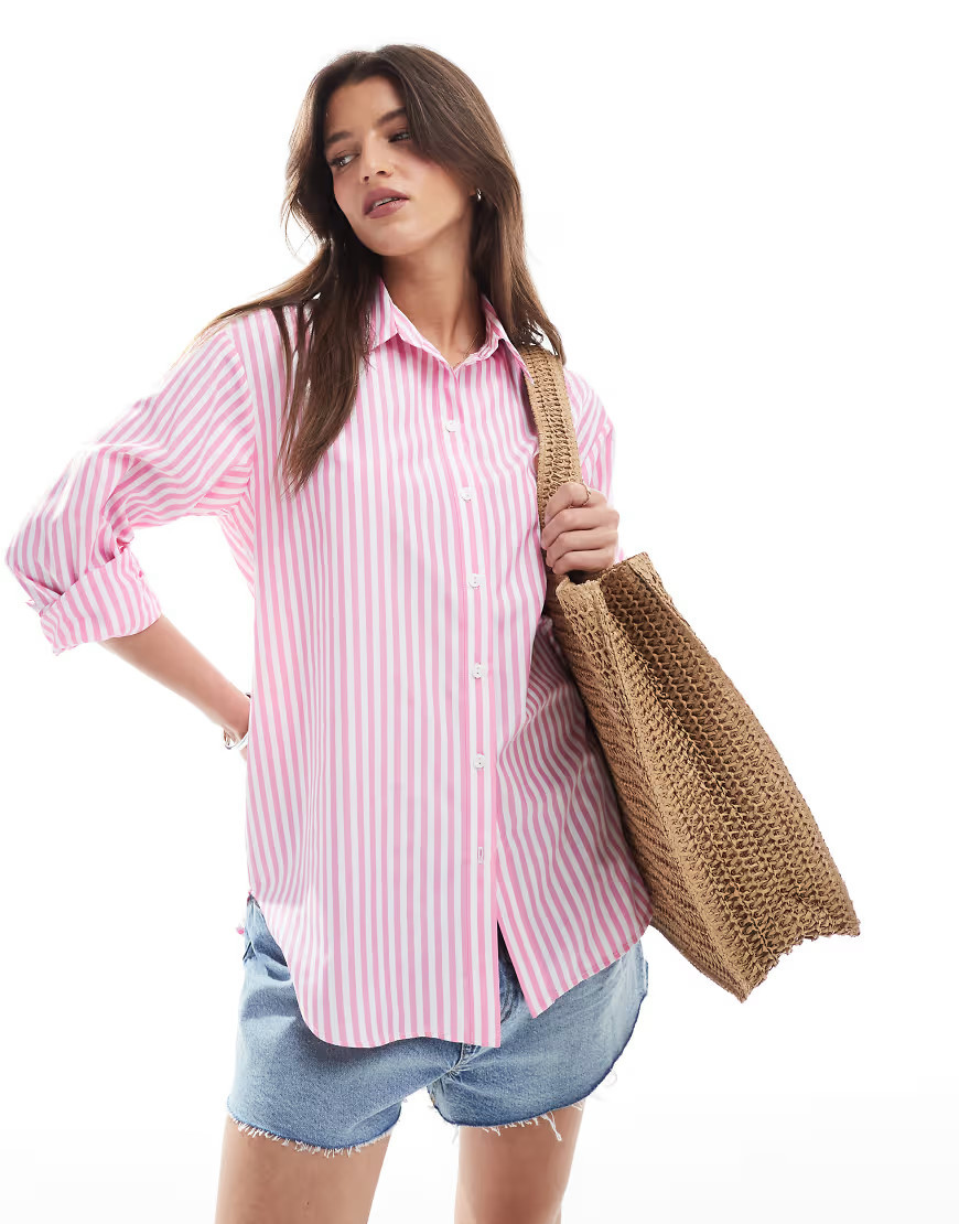 Miss Selfridge oversized shirt in pink candy stripe | ASOS (Global)