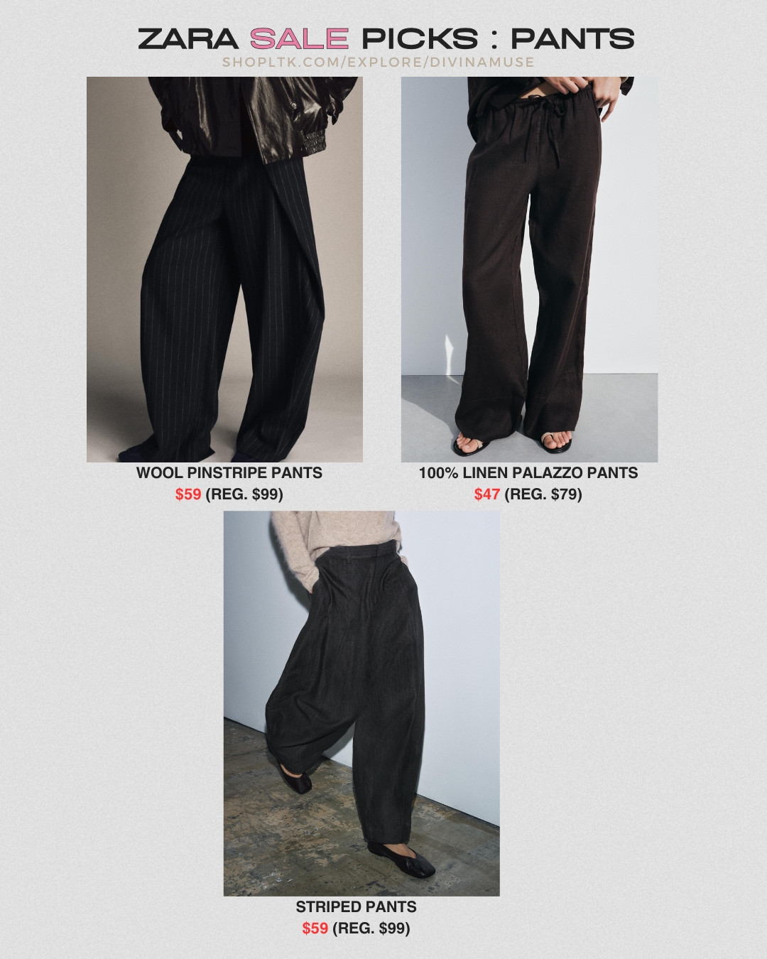 zara sale pants
- wool pinstripe pants (i want these so bad!) love the shaping 
- 100% linen pull-on palazzo wide pants 
- striped pants  

 #LTKSaleAlert #LTKFindsUnder100 #LTKWorkwear