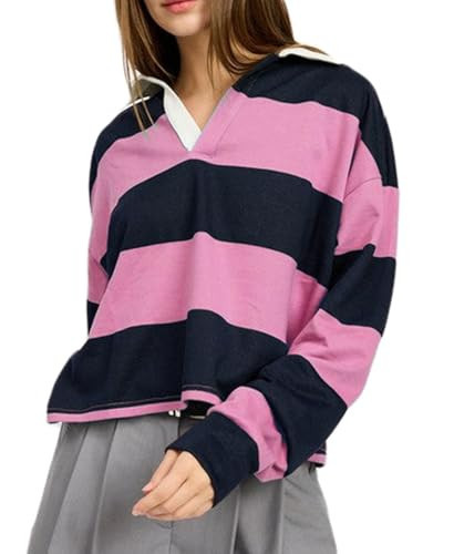 UAURORAO Women Striped Polo Shirts Long Sleeve Cropped Rugby Top Vintage V Neck Color Block Pullover Crop Tee Shirt(Striped Pink,Medium) | Amazon (US)