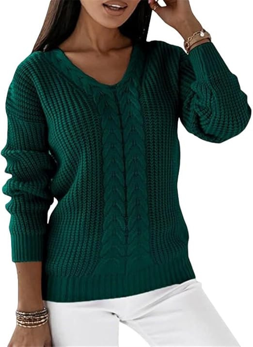 Women's V Neck Cable Knit Sweater with Long Sleeves Mid Weight Fitted Casual Solid Pullover Knitt... | Amazon (US)