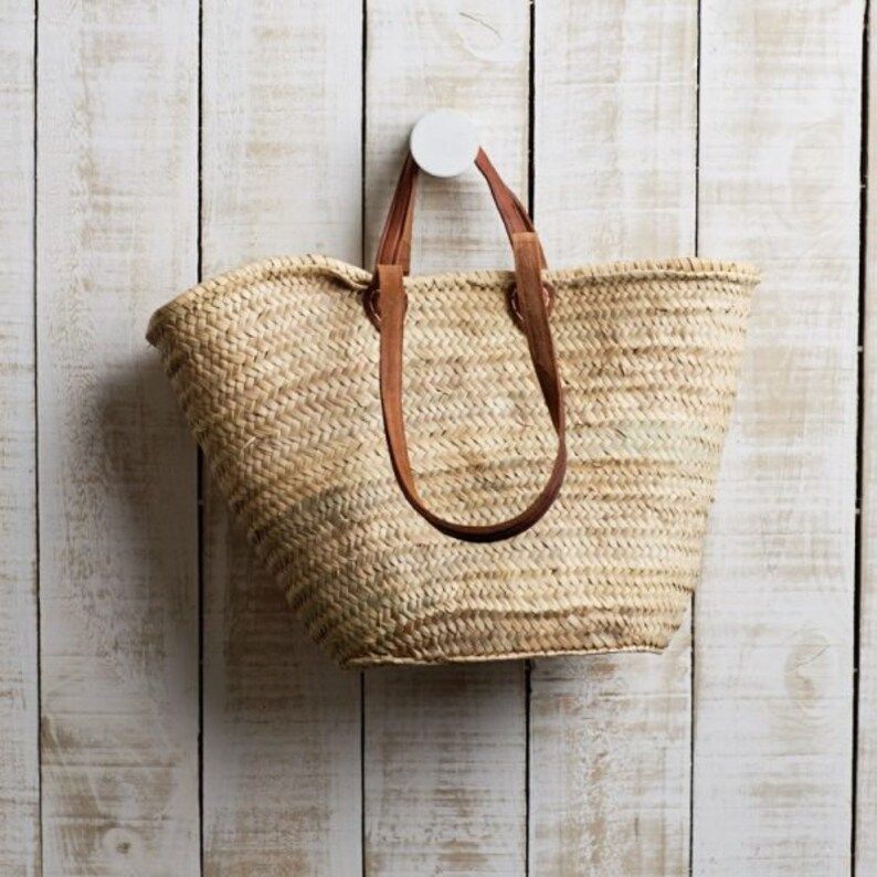 Straw bags double handle leather Market Basket Handmade Moroccan Basket Moroccan Straw Bag Handle... | Etsy (US)