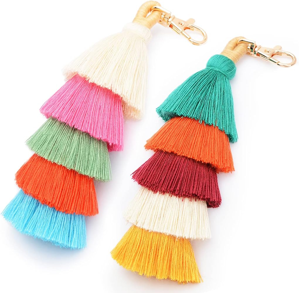 Colorful Keychains Boho Pom Pom Tassel Bag Decorations Charm Wristlet Bracelet Keyring for Women | Amazon (US)