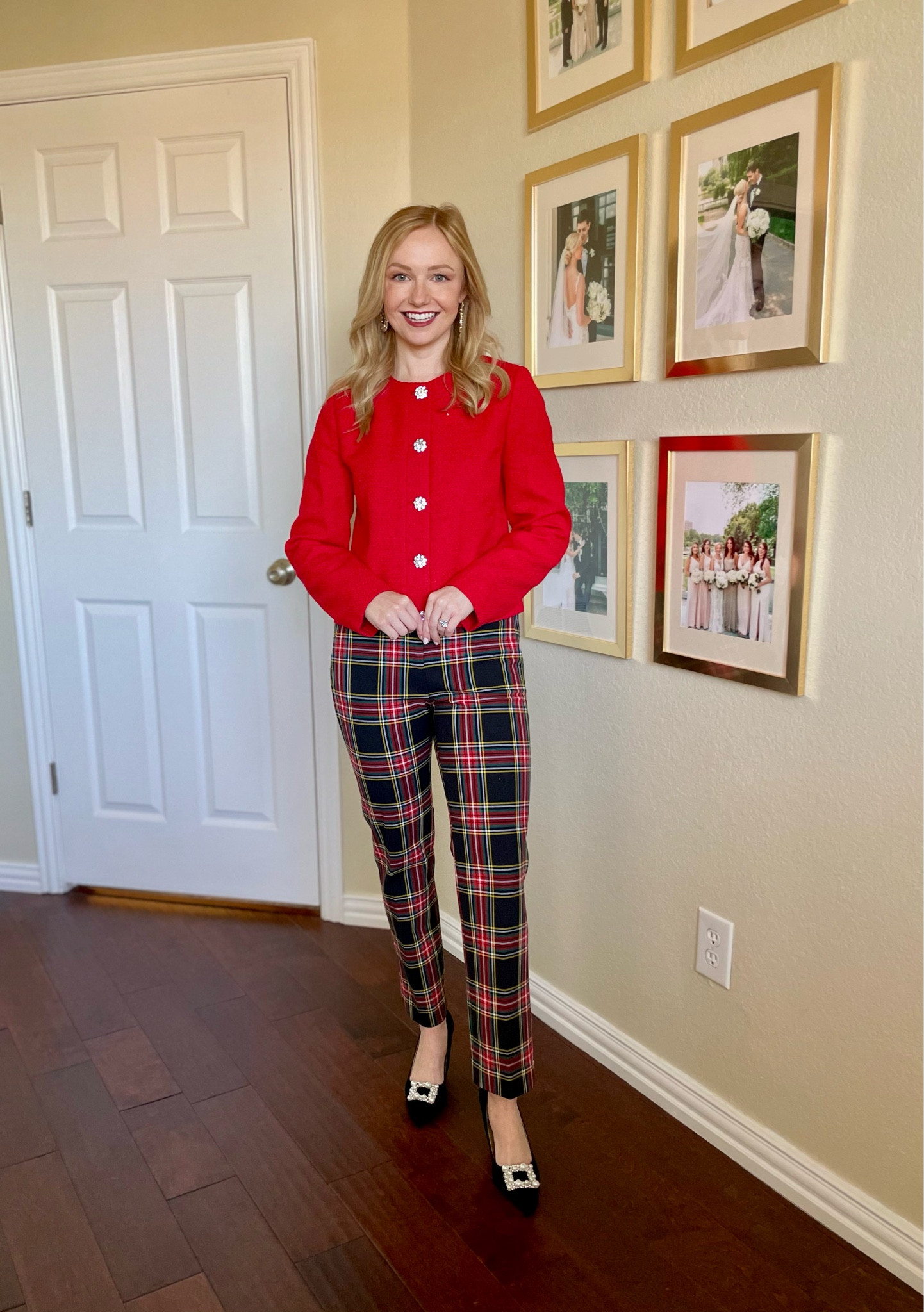 Wearing a 0 in jacket and 2 regular in pants | Christmas outfit, holiday outfit, plaid pants, red jacket, red lady jacket 

#LTKSeasonal #LTKHoliday #LTKCyberWeek
