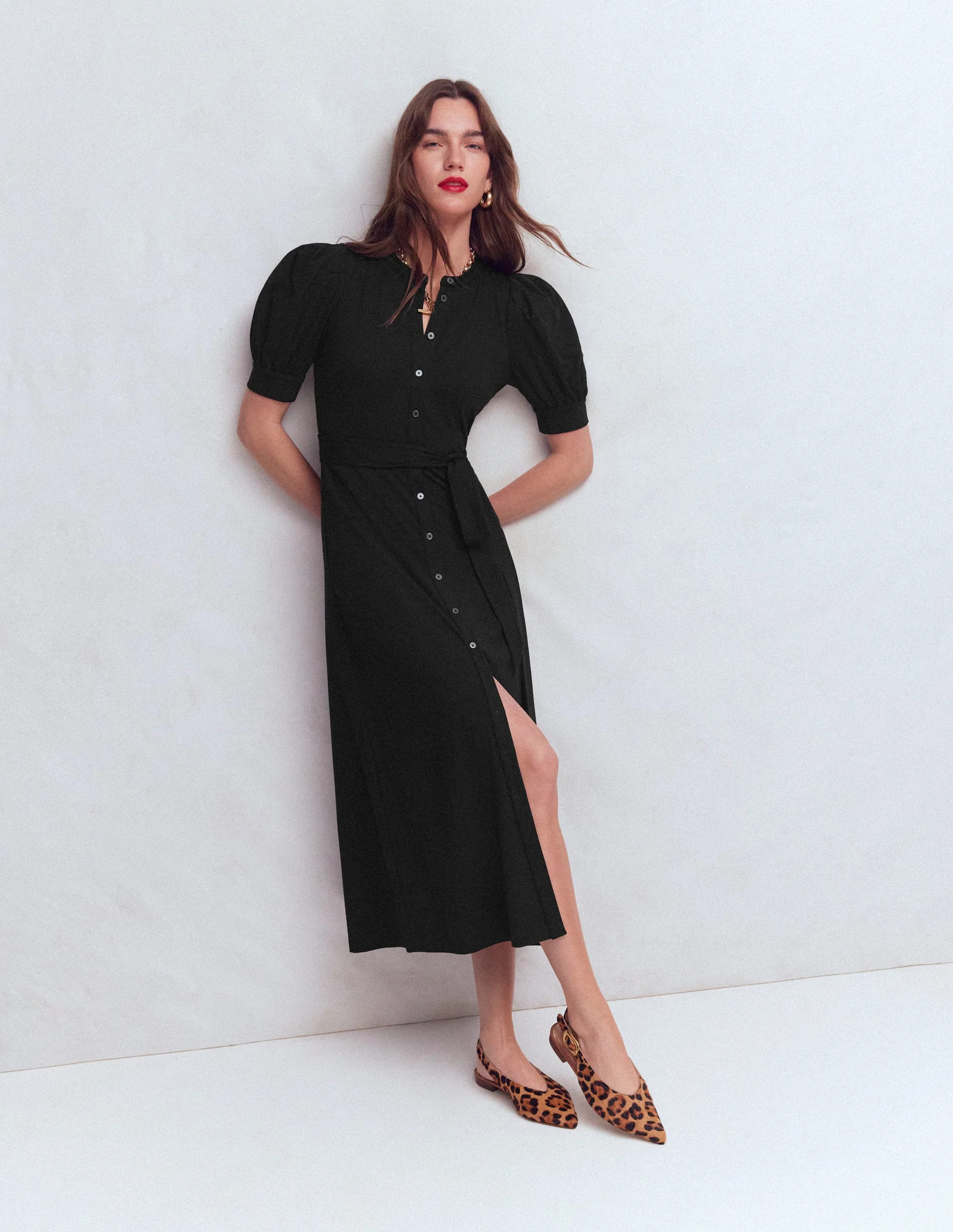 Puff Sleeve Ponte Shirt Dress-Black | Boden (US)