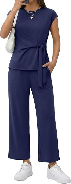 Casly Lamiit Womens 2 Piece Set Casual Cap Sleeve Top with Belted Tie Crop Wide Leg Pants Travel ... | Amazon (US)