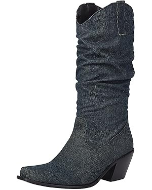 Women Denim Slouchy Cowboy Boots Mid Calf Square Toe Chunky Heel Cowgirl Pull On Boots | Amazon (US)