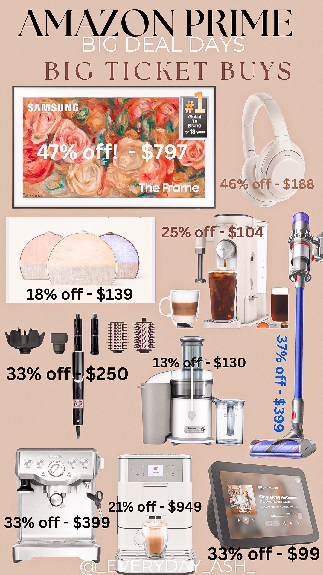 BIG TICKET DEALS🎉🎉

Frame tv, Amazon sales, headphones, hatch restore, coffee machine, vacuum, shark hair tools, juicer , espresso machine 

#LTKSaleAlert #LTKFindsUnder100 #LTKHome