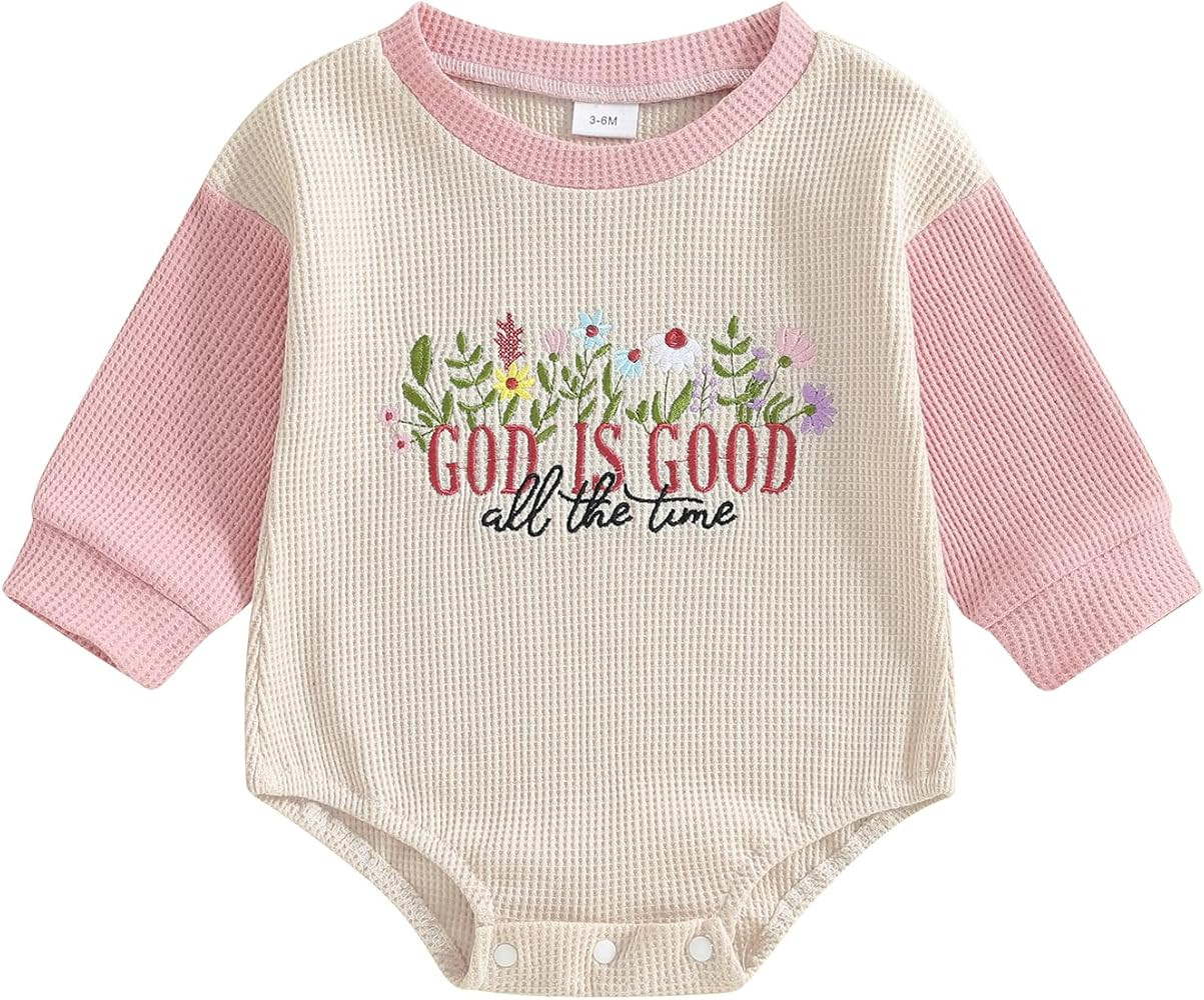 Baby Girl Christian Clothes God is Good Flower Embroidery Bubble Romper Waffle Long Sleeve Bodysu... | Amazon (US)