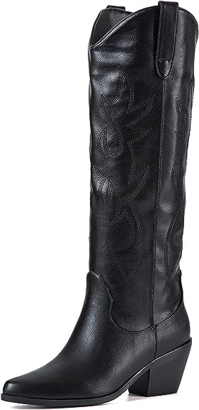 ZXHYZLZ Women's Cowboy Boots Knee High Seam Mid Heel Block Heel Almond Pointed Toe Fashion Classi... | Amazon (US)