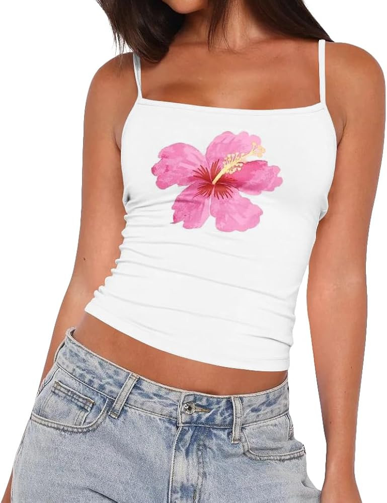 Womens Y2k Summer Flower Graphic Square Neck Crop Cami Shirts Spaghetti Strap Floral Tank Tops Ha... | Amazon (US)