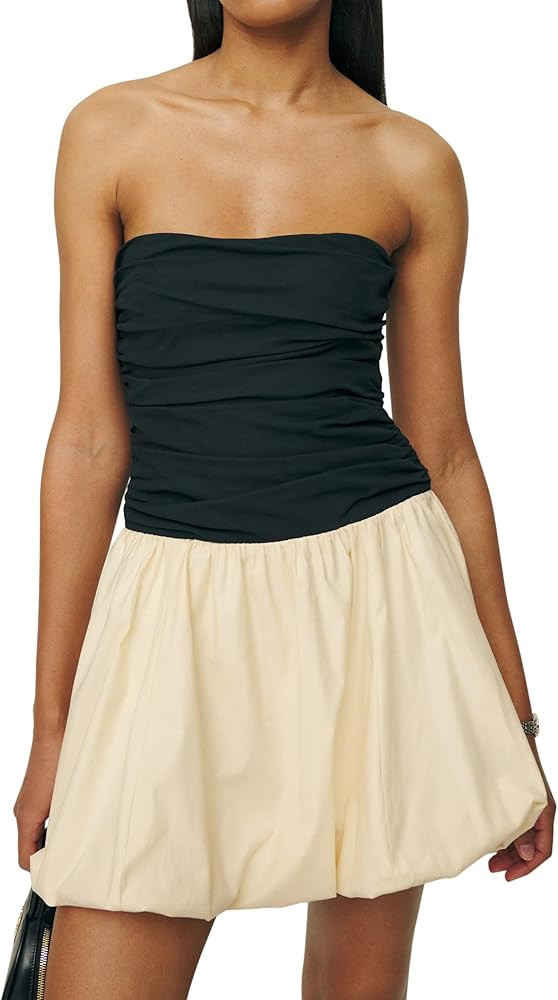 Womens Ruched Strapless Mini Dress Flare Slim Fit Back Smocked A Line Casual Flowy Short Tube Top... | Amazon (US)