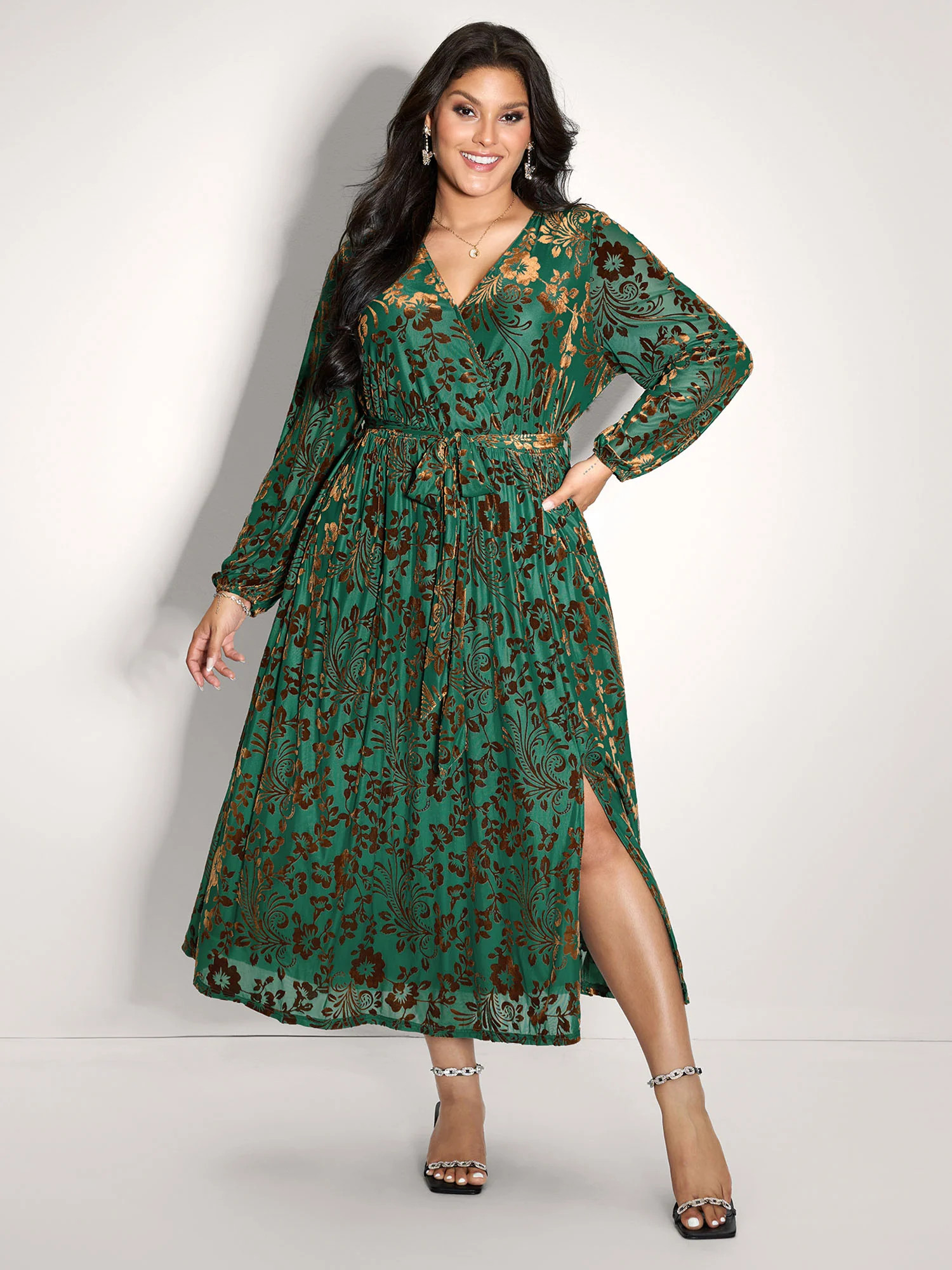 Laser-Cut Velvet Waist-Tie Midi Dress | Bloomchic