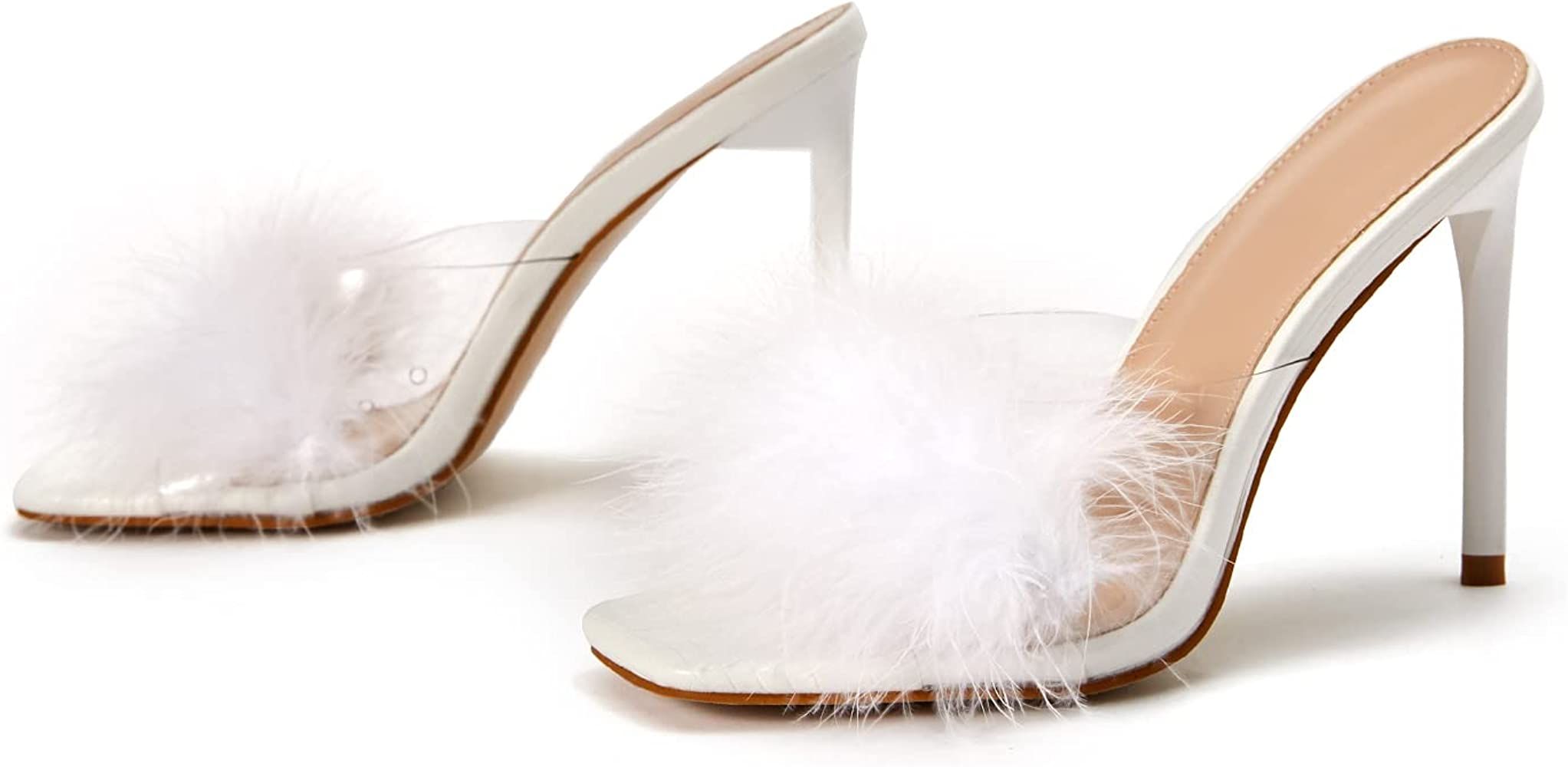 azmodo Women Rabbit White Fur Clear Peep Toe Slippers Square Toe Stilettos Slides High Heels Sand... | Amazon (US)