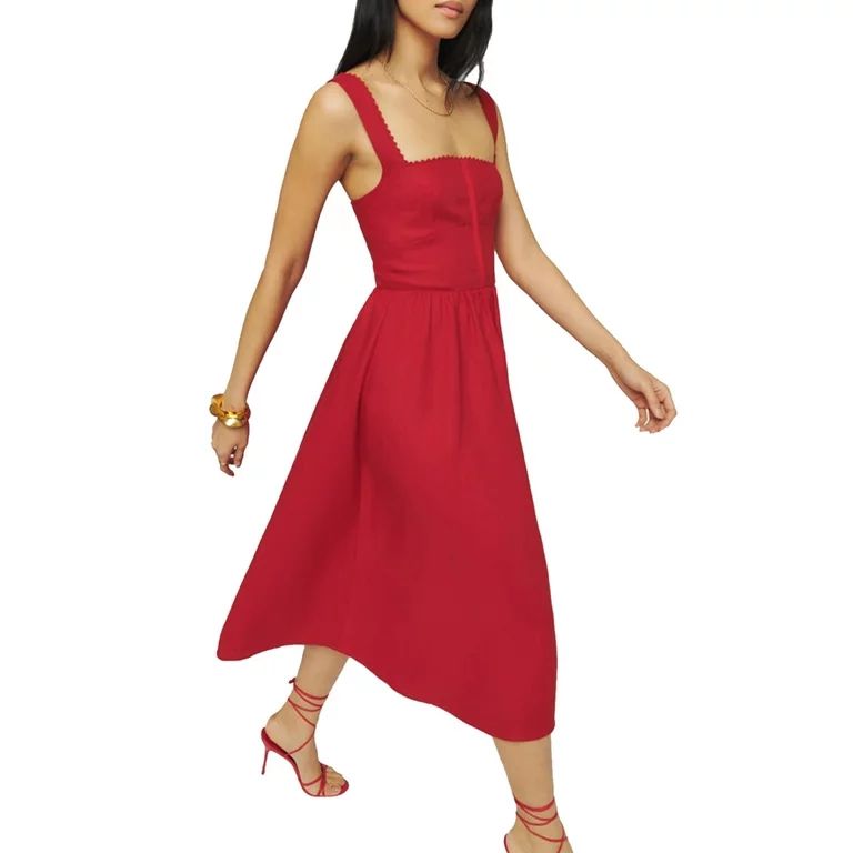 Women Y2k Square Neck Long Dress Low Cut Sleeveless Midi Dress Bustier Trim Spaghetti Strap Going... | Walmart (US)