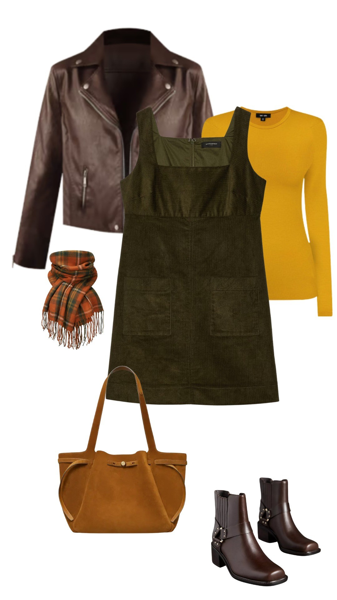 This cute olive corduroy dress and fall toned scarf look fabulous with a rich brown leather jacket and moto boots. 

#LTKSeasonal #LTKStyleTip #LTKShoeCrush