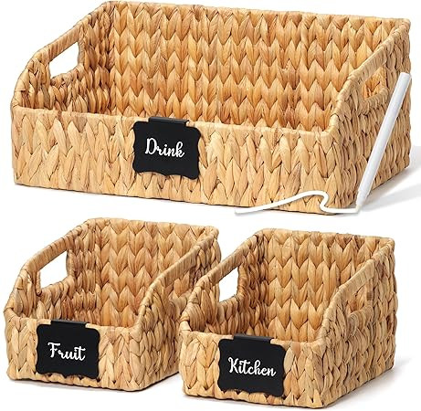 Pantry Baskets and Organizers, Large Wicker Baskets for Shelves, Handwoven Labeled Storage Basket... | Amazon (US)