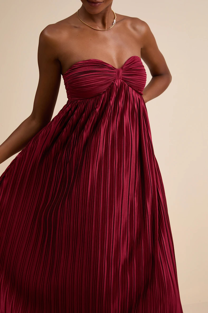 Whimsical Beauty Wine Red Satin Plisse Strapless Maxi Dress | Lulus