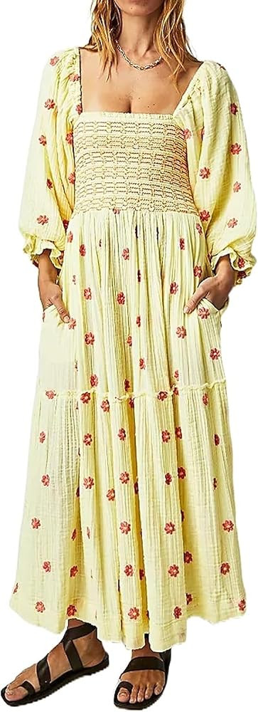 Willow Dance Women Casual Bohemian Floral Dress Square Neck Ruffle Swing A Line Long Sleeve Beach... | Amazon (US)