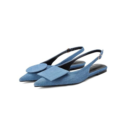 Vertundy Women's Denim Flats for Women Slingback Pointed Toe Flats Low Heel Pumps Ankle Strap Sandals Circle Square Decorative Shoes | Amazon (US)