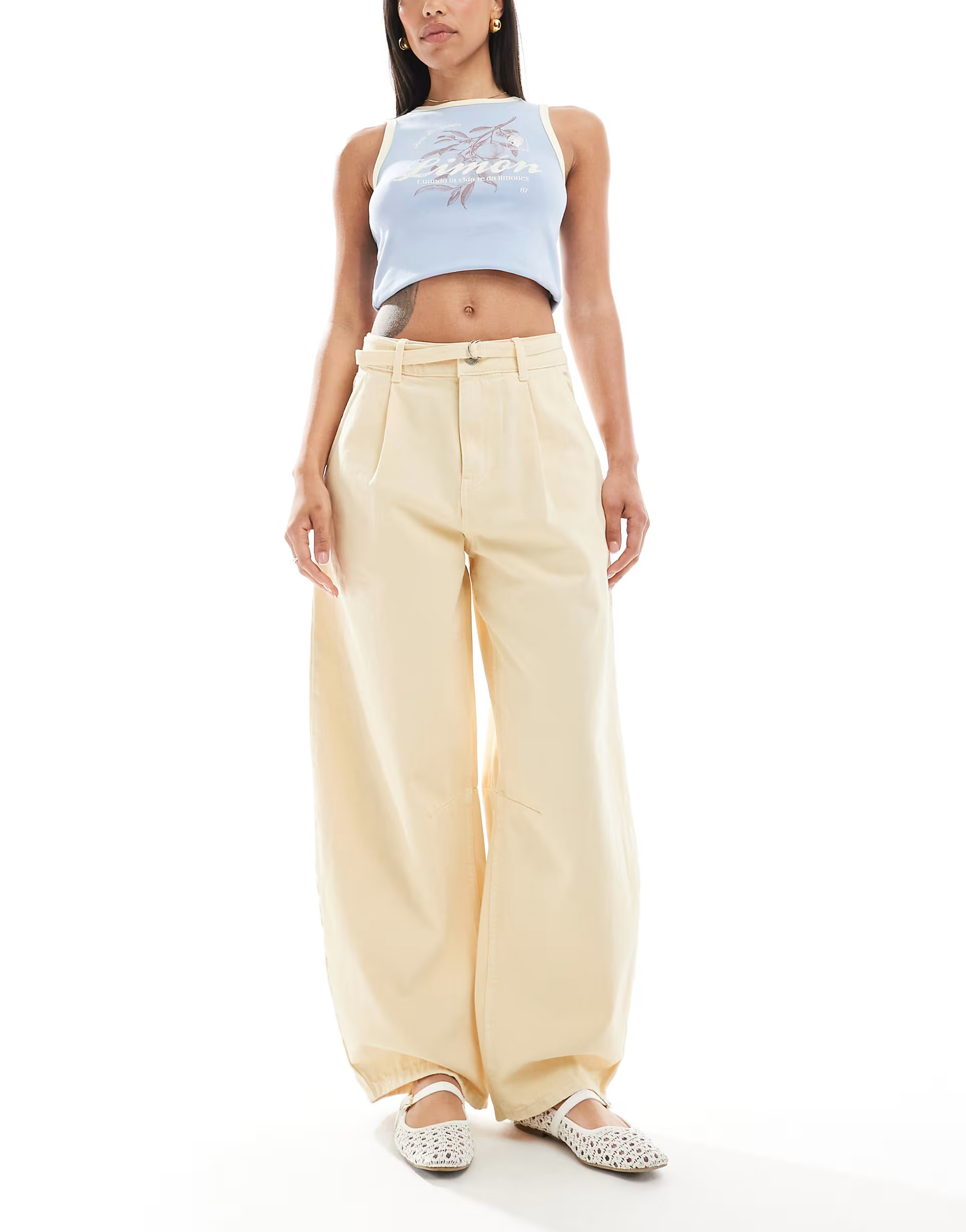 ASOS DESIGN lightweight barrel jean with belt in soft yellow | ASOS (Global)